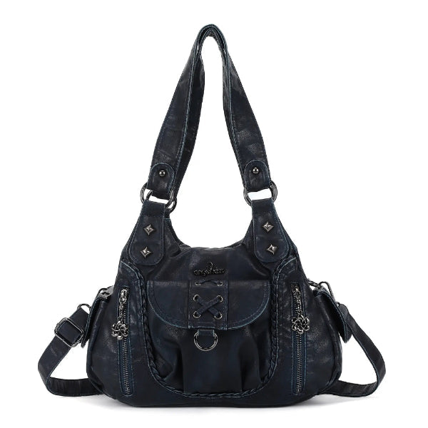 Vegan Leather Shoulder Handbag – Vintage Multi-Pocket Tote Bag