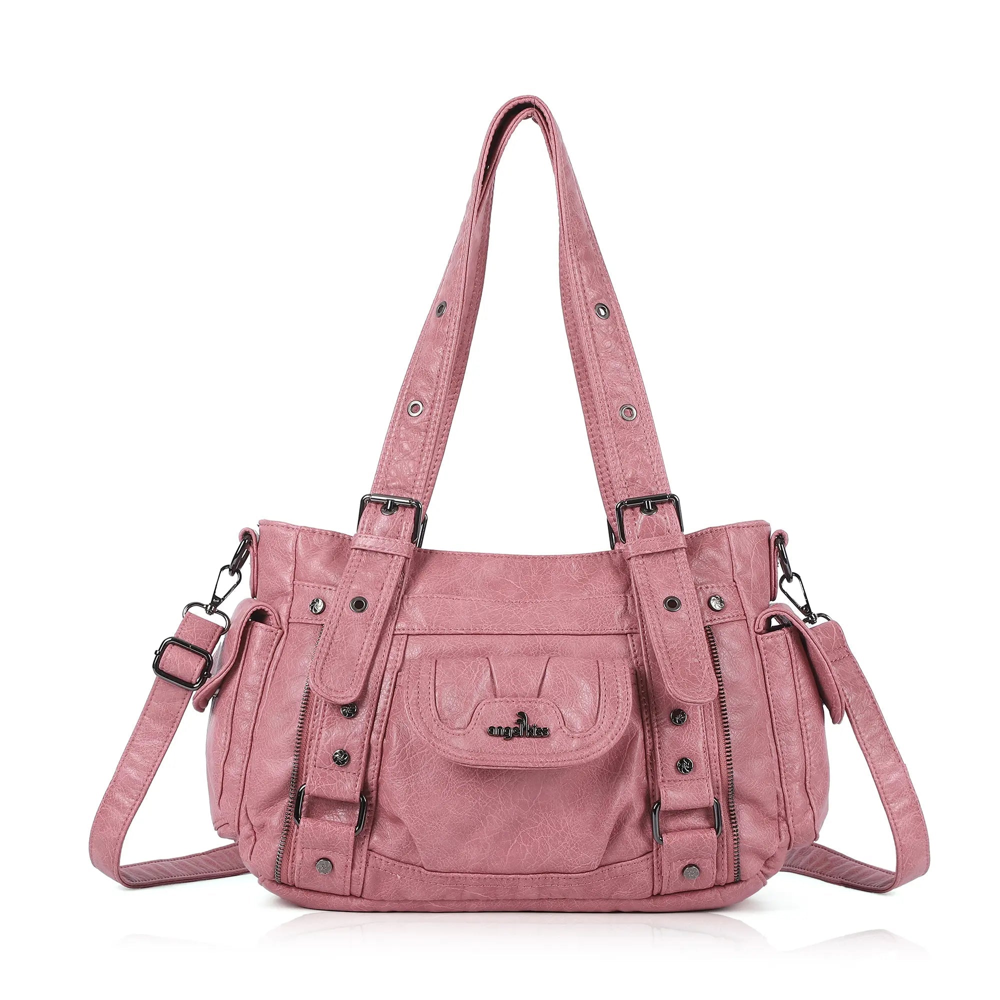 Textured Multi-Pocket Shoulder Bag with Rivet Details