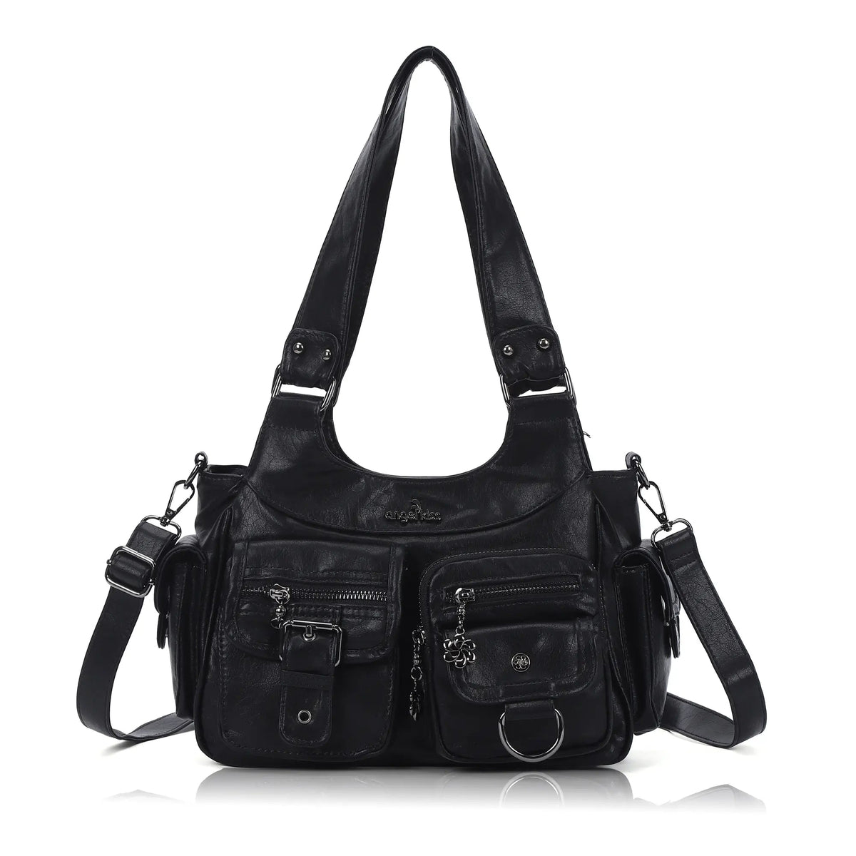 Multi-Pocket Soft PU Shoulder Bag with Crossbody Strap