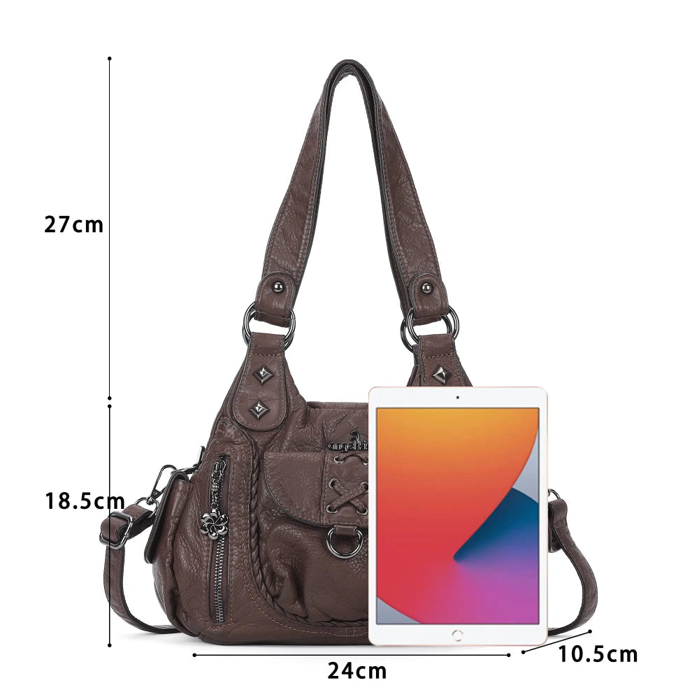 Vegan Leather Shoulder Handbag – Vintage Multi-Pocket Tote Bag