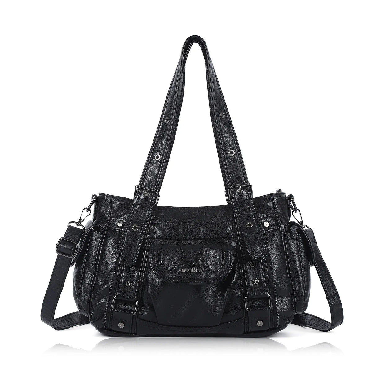 Textured Multi-Pocket Shoulder Bag with Rivet Details