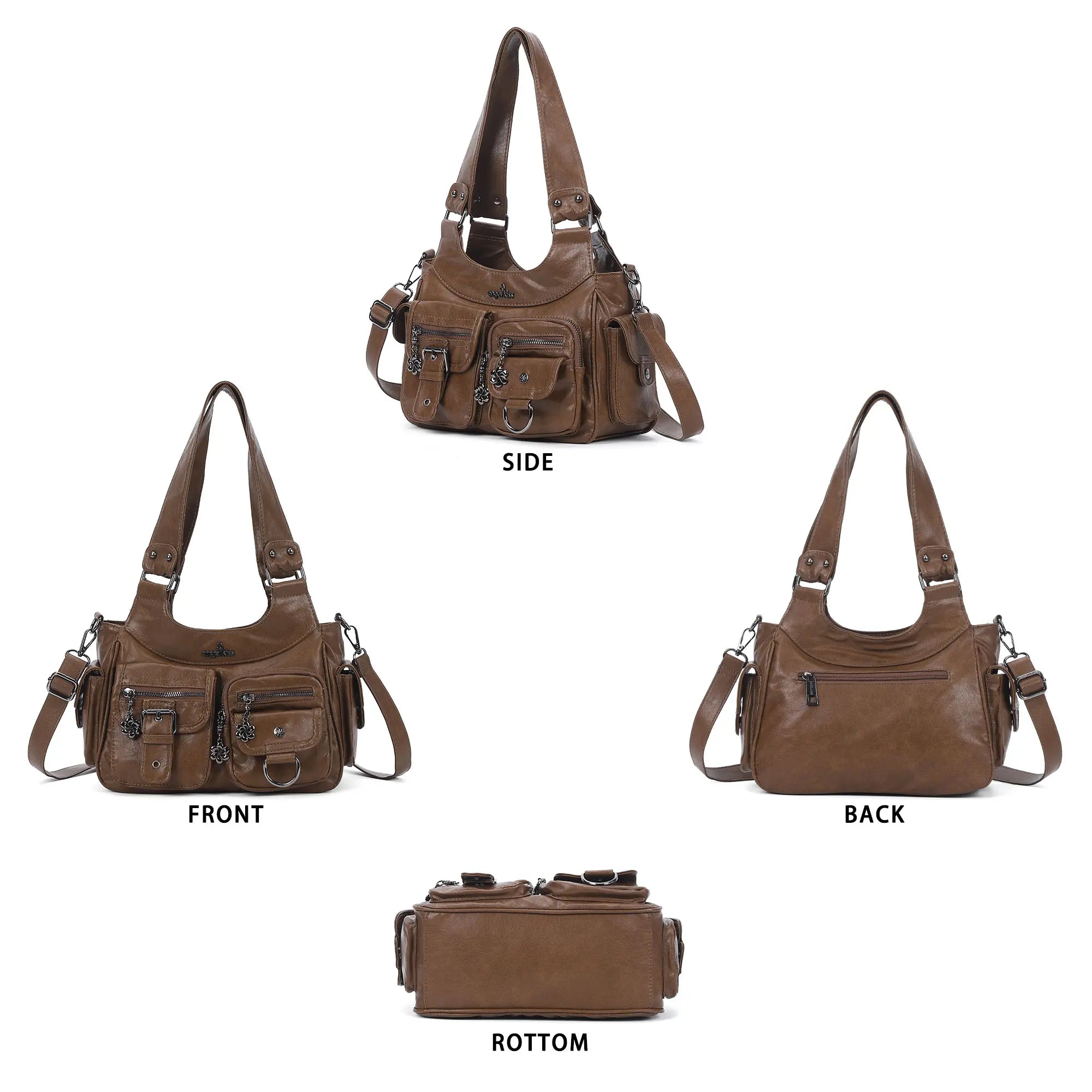 Multi-Pocket Soft PU Shoulder Bag with Crossbody Strap