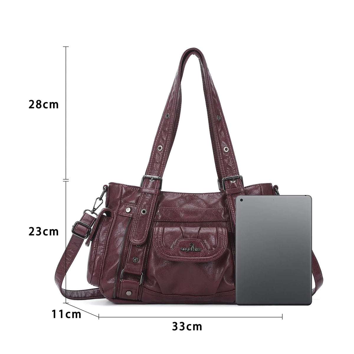 Textured Multi-Pocket Shoulder Bag with Rivet Details