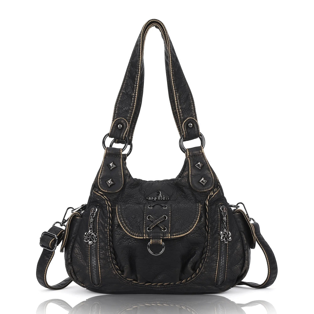 Vegan Leather Shoulder Handbag – Vintage Multi-Pocket Tote Bag