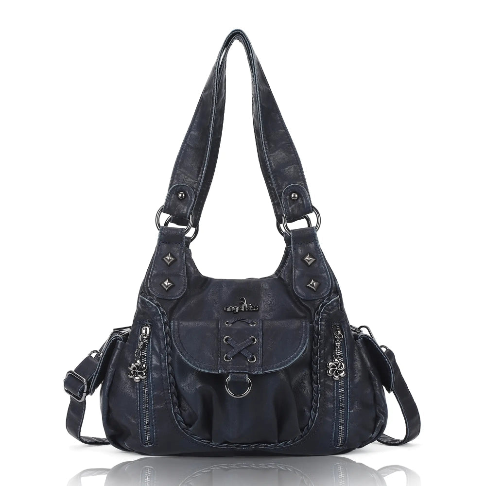 Vegan Leather Shoulder Handbag – Vintage Multi-Pocket Tote Bag