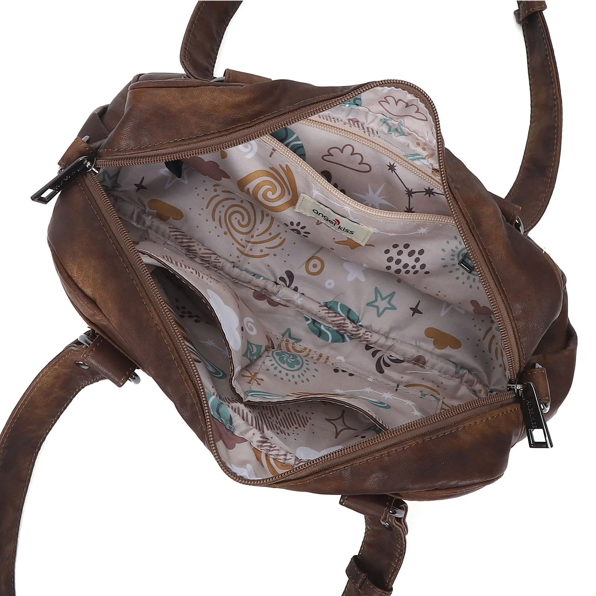 Tie-Dye Multi-Pocket Shoulder Tote Bag with Studded Zipper Details