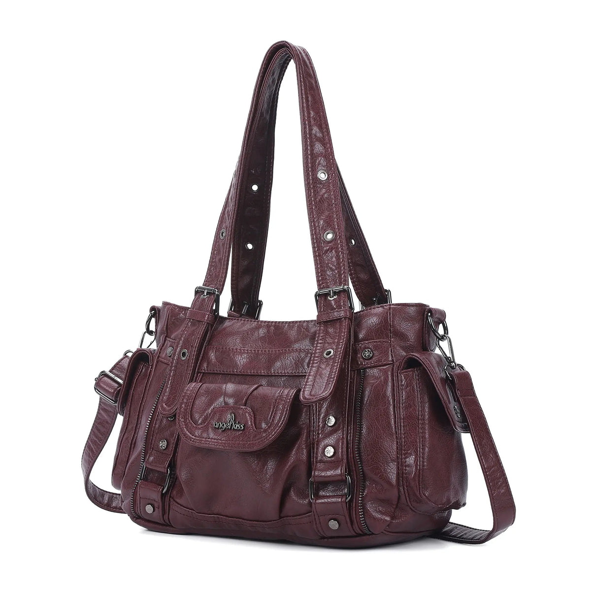 Textured Multi-Pocket Shoulder Bag with Rivet Details