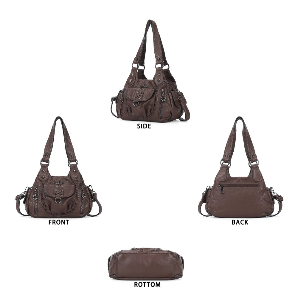 Vegan Leather Shoulder Handbag – Vintage Multi-Pocket Tote Bag