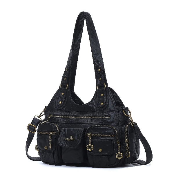 Vintage Bronze PU Leather Handbag – Multi-Pocket Shoulder Tote & Crossbody Bag