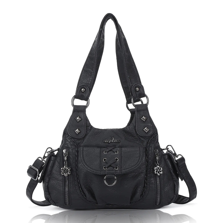 Vegan Leather Shoulder Handbag – Vintage Multi-Pocket Tote Bag