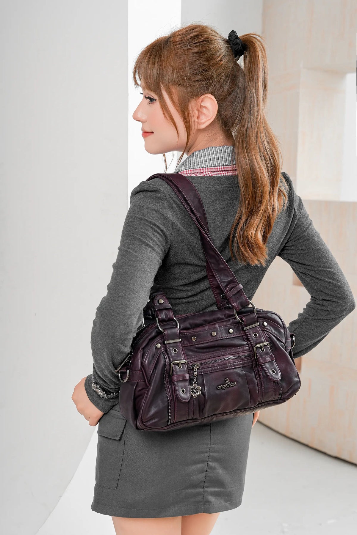Tie-Dye Multi-Pocket Shoulder Tote Bag with Studded Zipper Details
