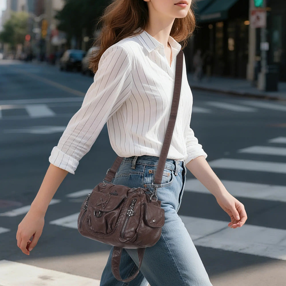 Vegan Leather Shoulder Handbag – Vintage Multi-Pocket Tote Bag