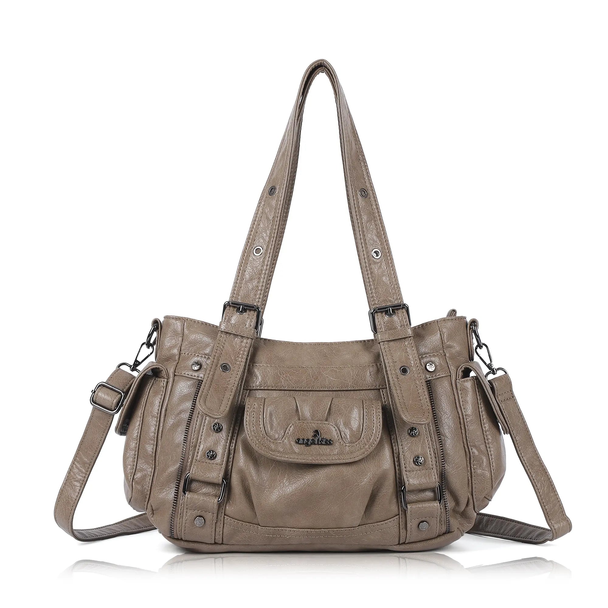Textured Multi-Pocket Shoulder Bag with Rivet Details