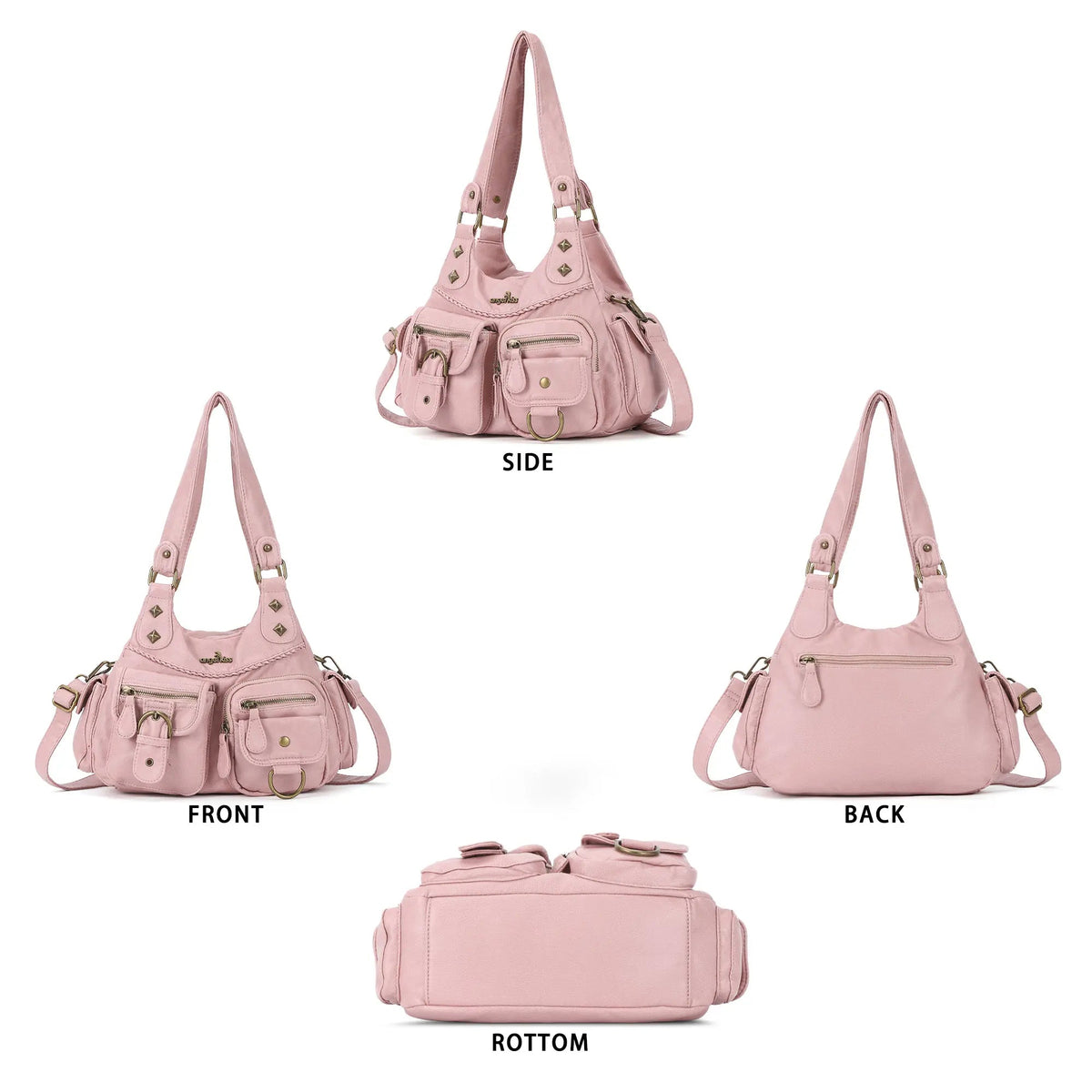 Tie-Dye Pink Multi-Pocket Vegan Leather Shoulder Tote Handbag