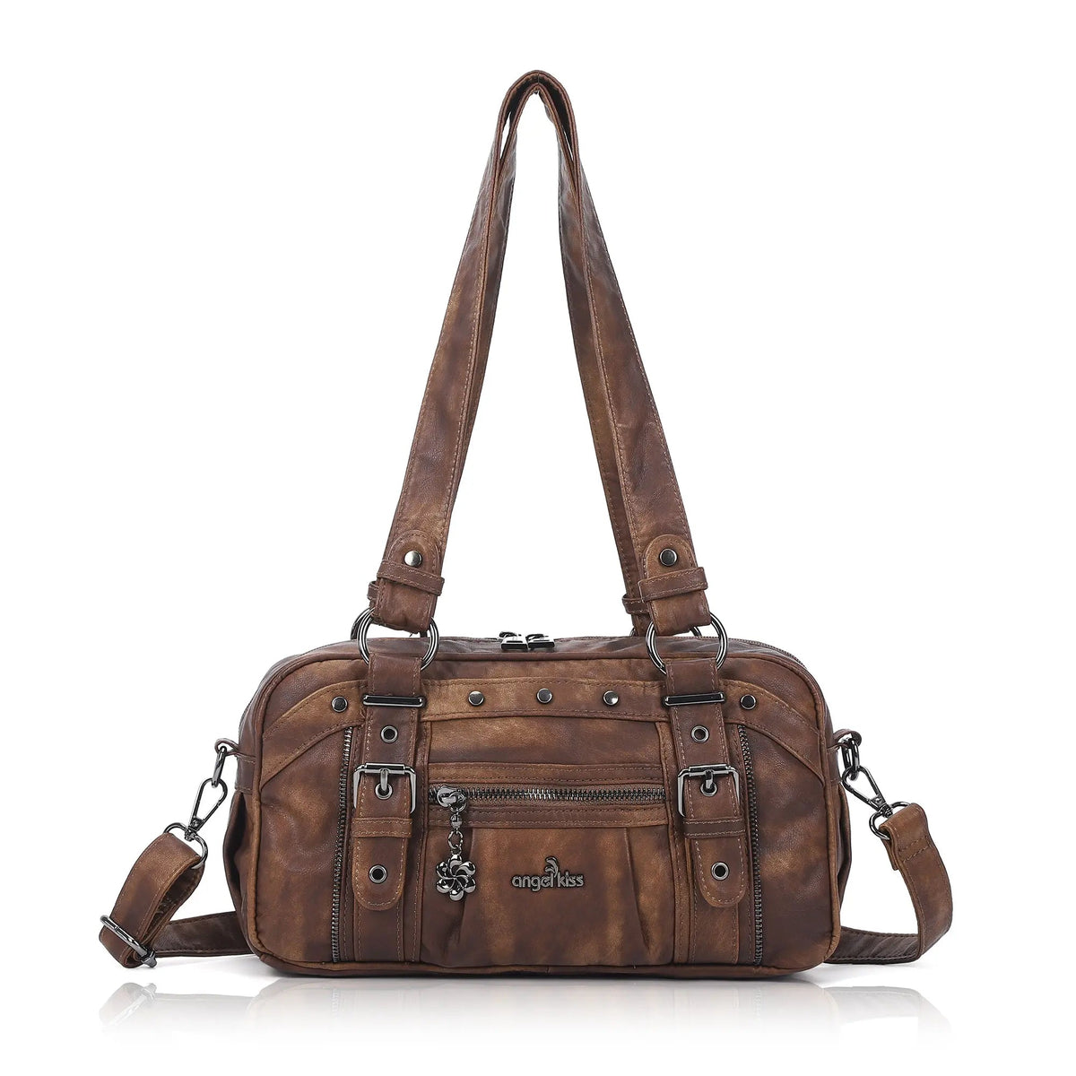 Tie-Dye Multi-Pocket Shoulder Tote Bag with Studded Zipper Details