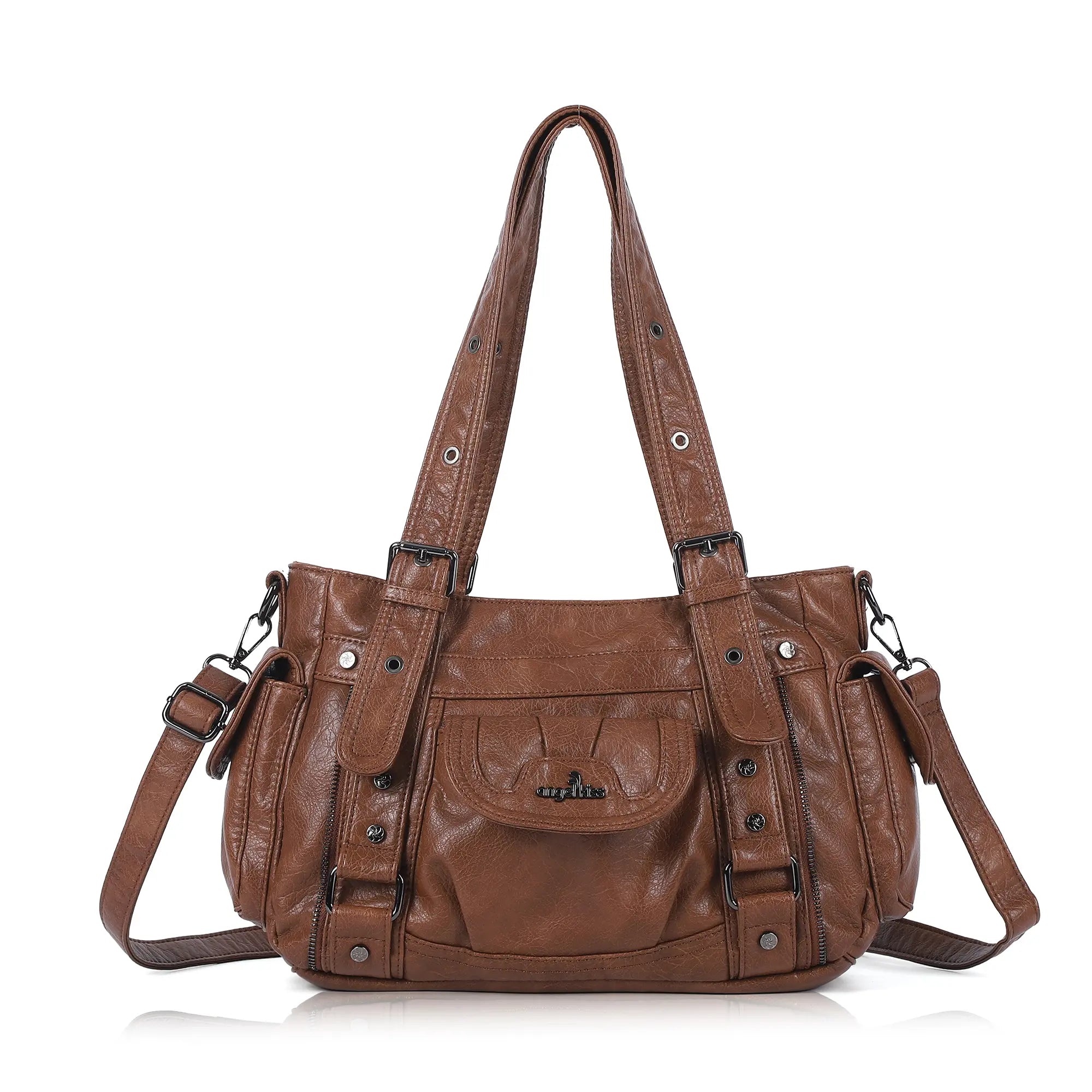 Textured Multi-Pocket Shoulder Bag with Rivet Details