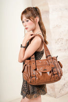 Textured Multi-Pocket Shoulder Bag with Rivet Details