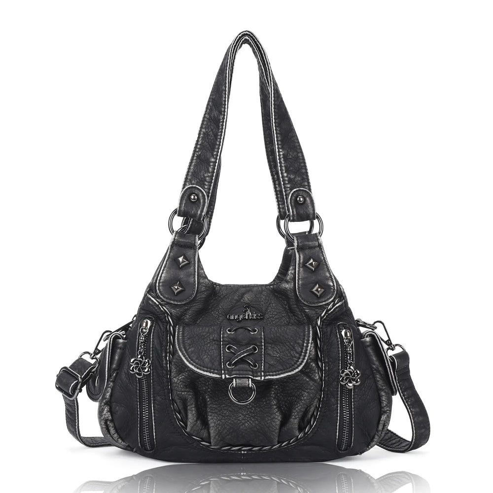 Vegan Leather Shoulder Handbag – Vintage Multi-Pocket Tote Bag