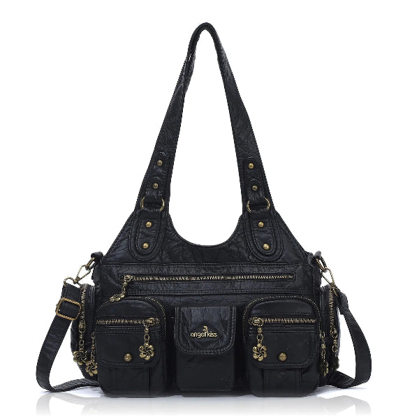 Vintage Bronze PU Leather Handbag – Multi-Pocket Shoulder Tote & Crossbody Bag
