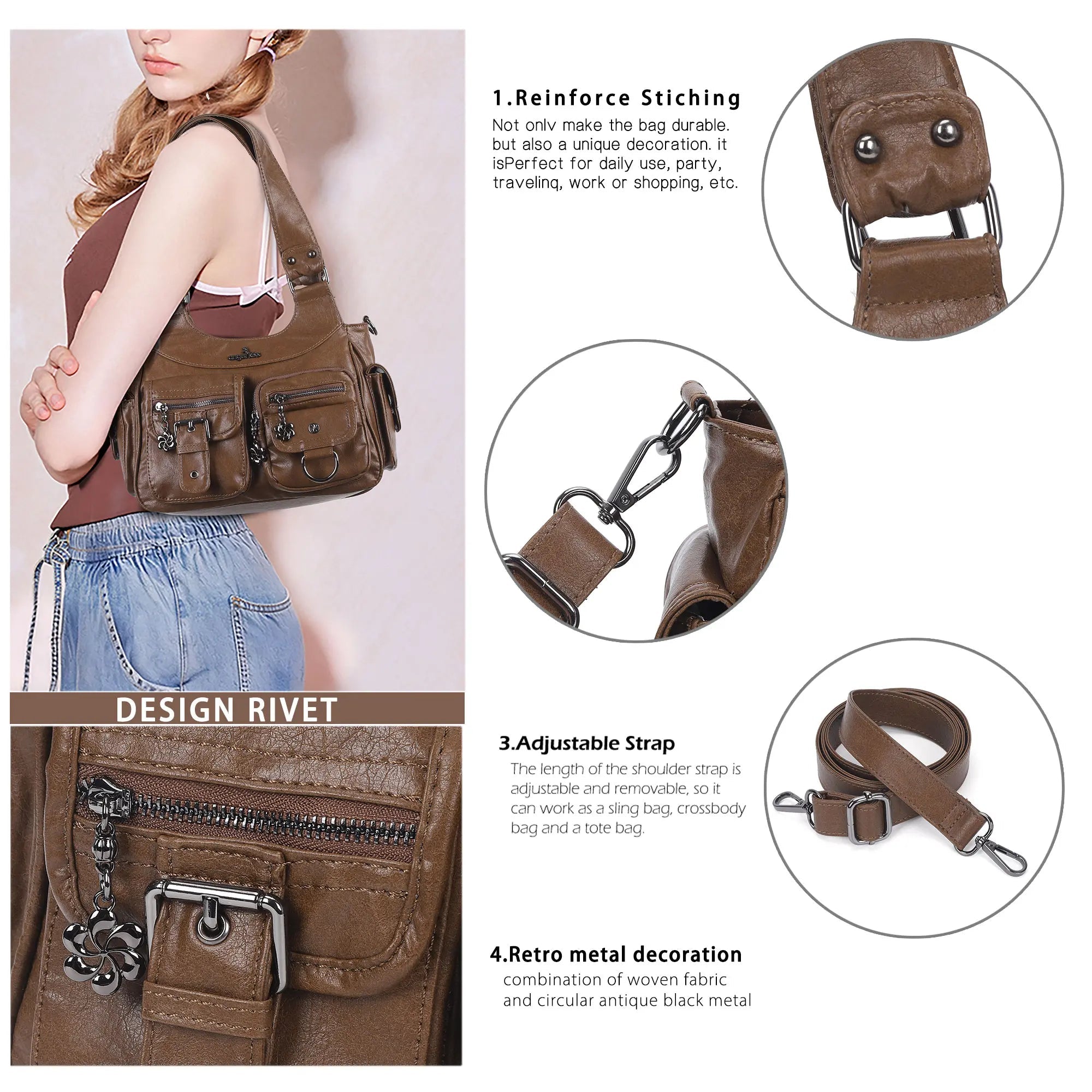 Multi-Pocket Soft PU Shoulder Bag with Crossbody Strap