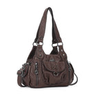Vegan Leather Shoulder Handbag – Vintage Multi-Pocket Tote Bag