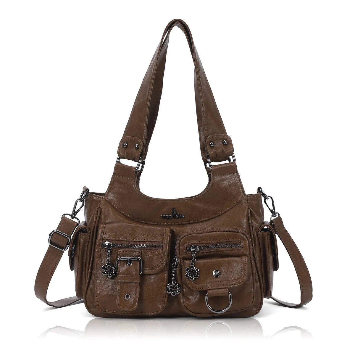 Multi-Pocket Soft PU Shoulder Bag with Crossbody Strap
