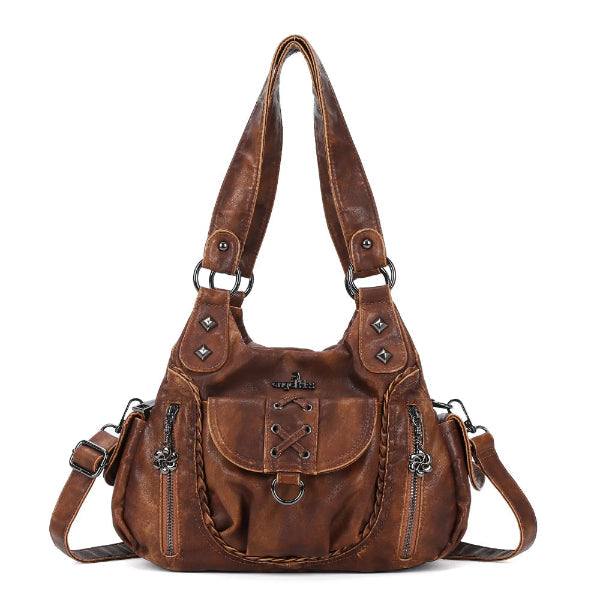 Vegan Leather Shoulder Handbag – Vintage Multi-Pocket Tote Bag