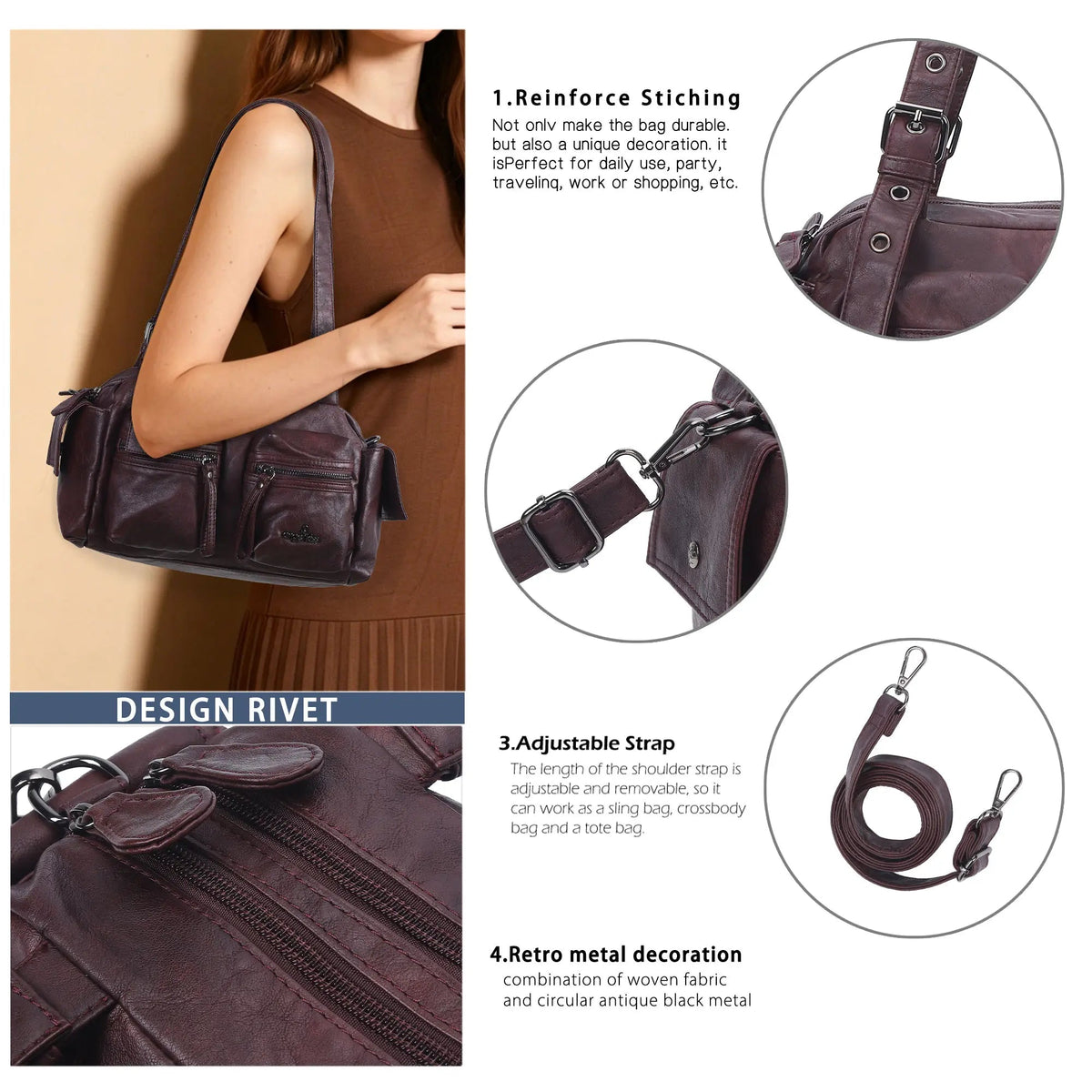 Multi-Pocket Bowling Shoulder Bag with Detachable Crossbody Strap