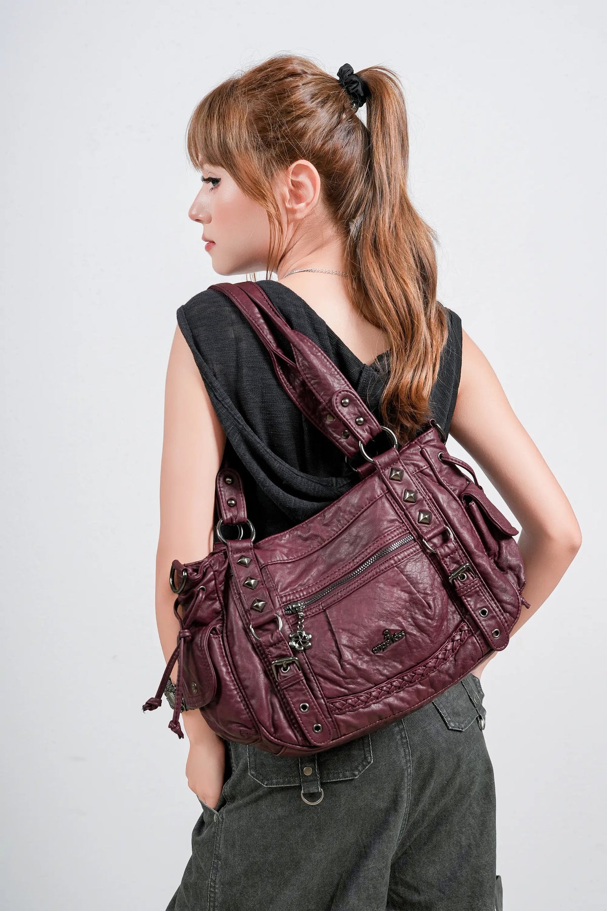Vintage Studded Vegan Leather Everyday Bag | Custom Hardware