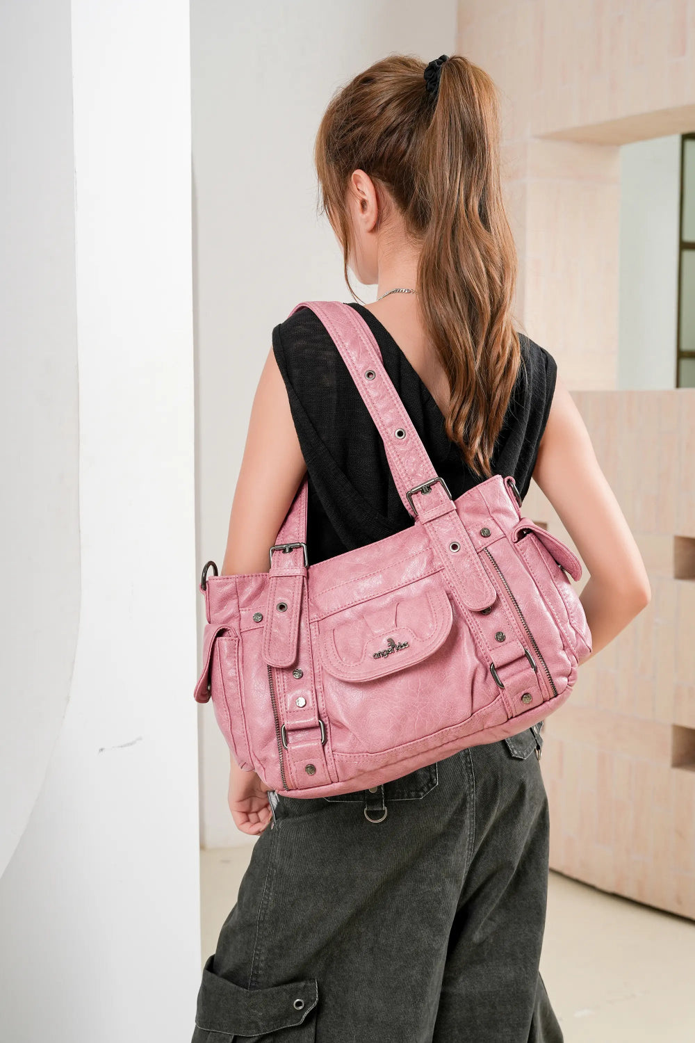 Textured Multi-Pocket Shoulder Bag with Rivet Details