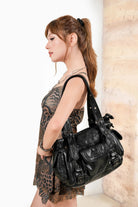 Textured Multi-Pocket Shoulder Bag with Rivet Details