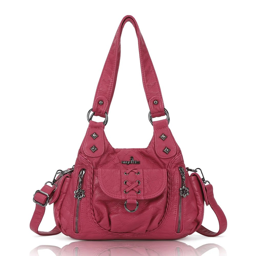Vegan Leather Shoulder Handbag – Vintage Multi-Pocket Tote Bag