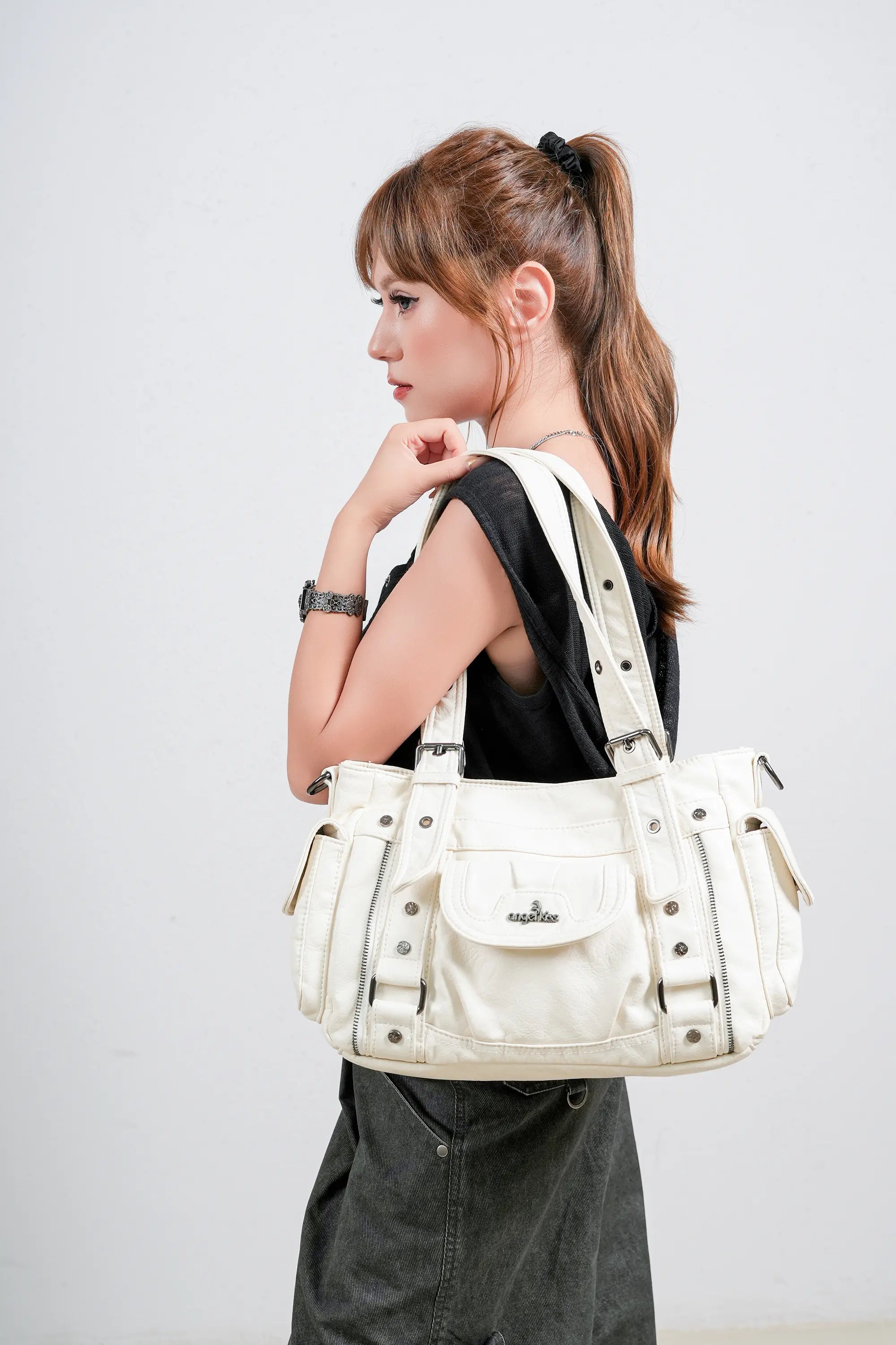 Textured Multi-Pocket Shoulder Bag with Rivet Details