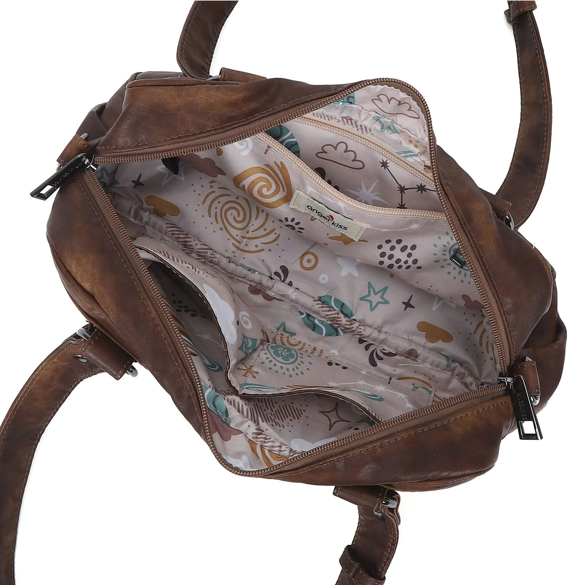 Tie-Dye Multi-Pocket Shoulder Tote Bag with Studded Zipper Details