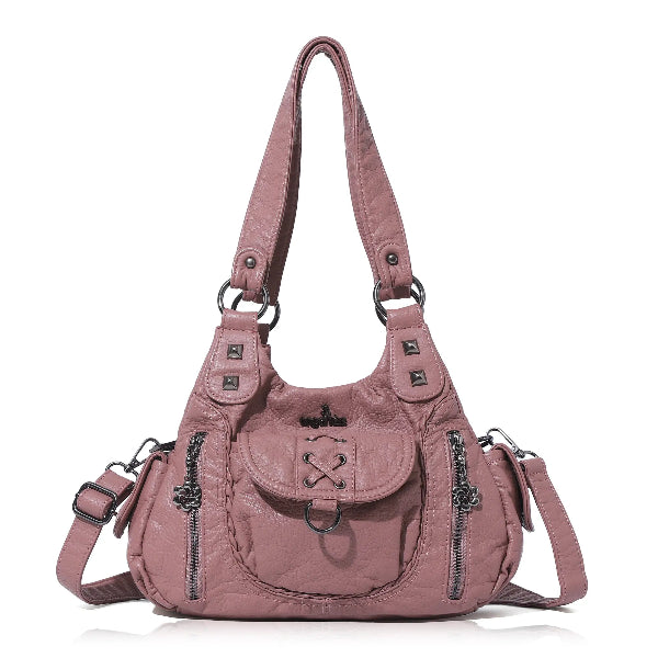 Vegan Leather Shoulder Handbag – Vintage Multi-Pocket Tote Bag