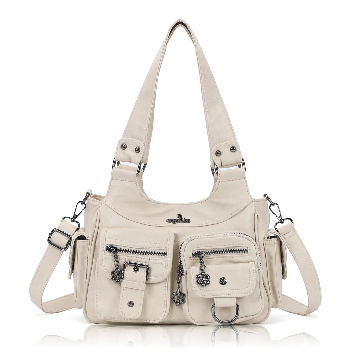 Multi-Pocket Soft PU Shoulder Bag with Crossbody Strap