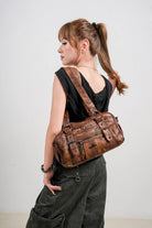 Tie-Dye Multi-Pocket Shoulder Tote Bag with Studded Zipper Details