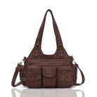 Vintage Bronze PU Leather Handbag – Multi-Pocket Shoulder Tote & Crossbody Bag