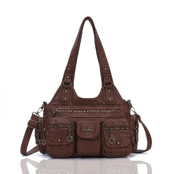 Vintage Bronze PU Leather Handbag – Multi-Pocket Shoulder Tote & Crossbody Bag