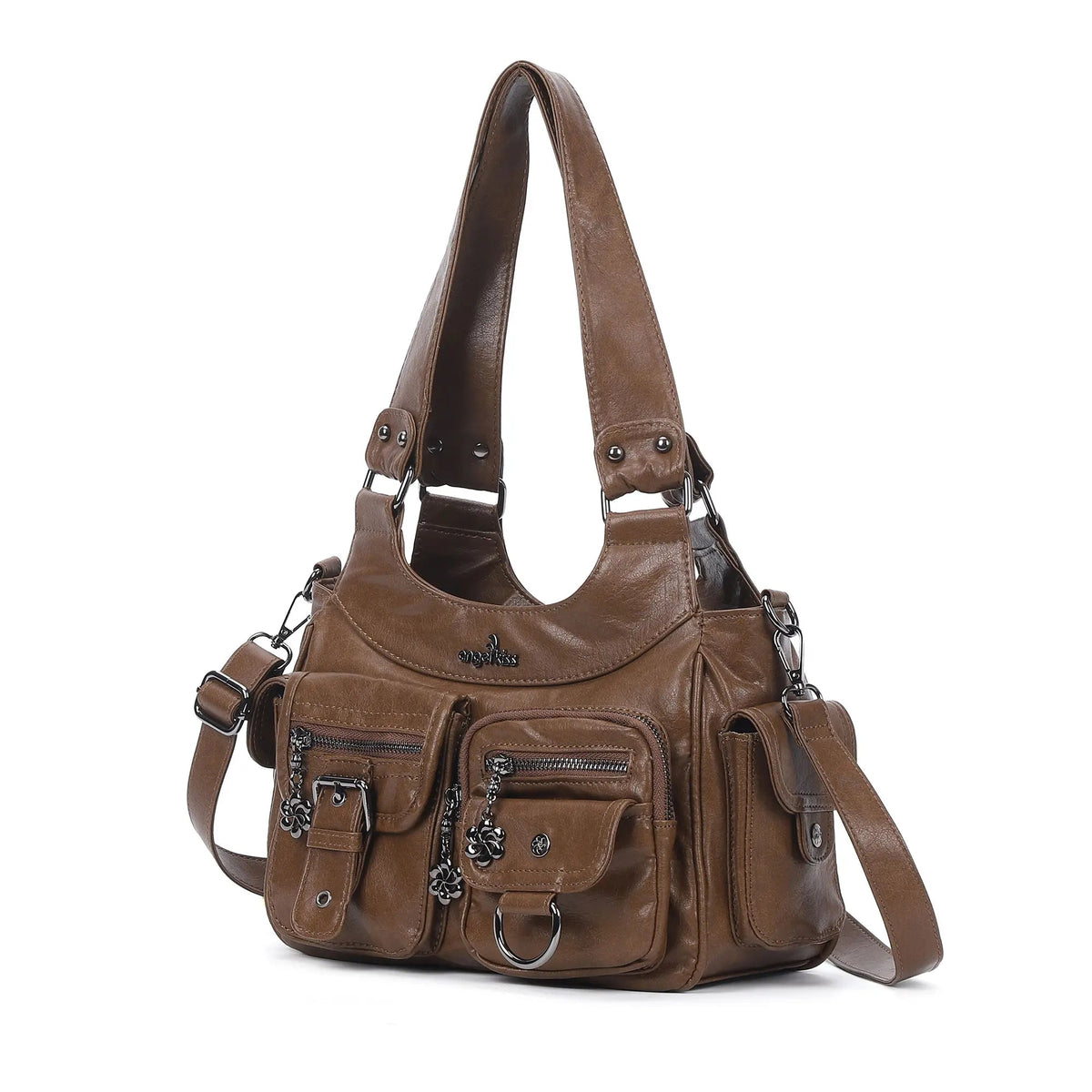Multi-Pocket Soft PU Shoulder Bag with Crossbody Strap