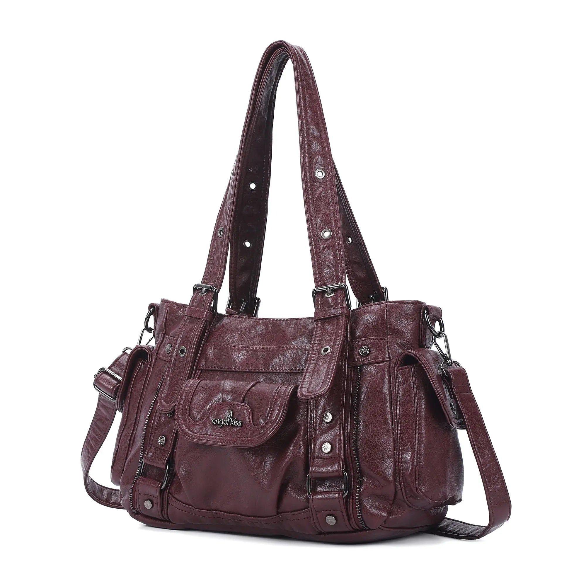 Textured Multi-Pocket Shoulder Bag with Rivet Details