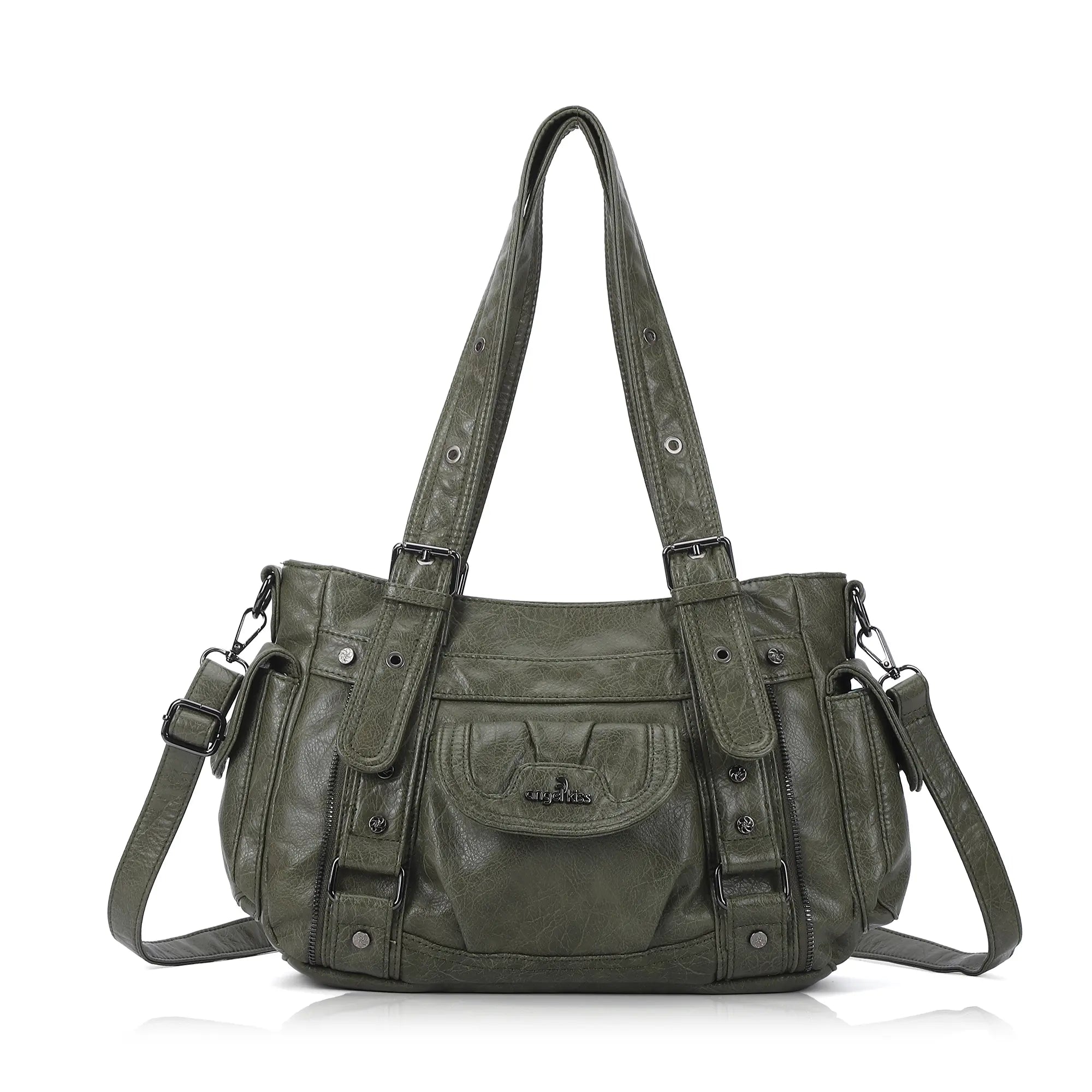 Textured Multi-Pocket Shoulder Bag with Rivet Details