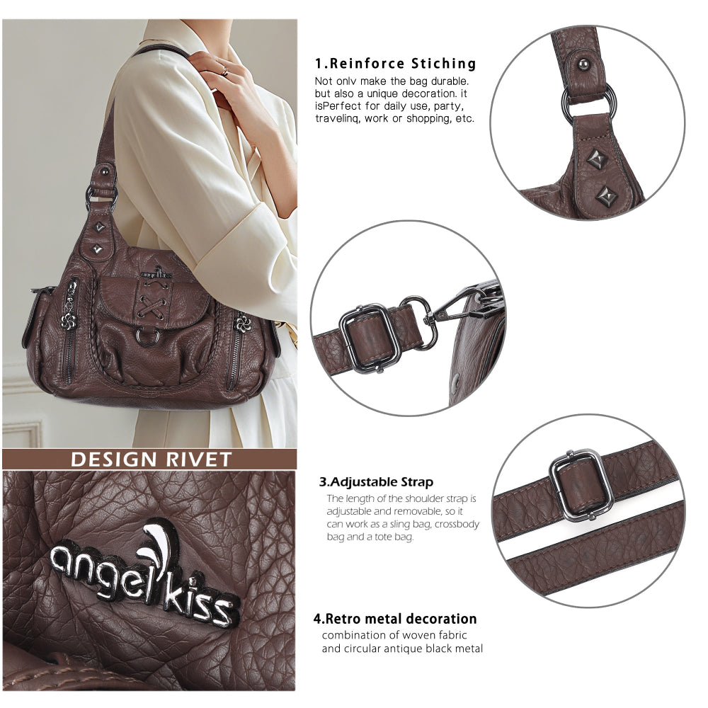 Vegan Leather Shoulder Handbag – Vintage Multi-Pocket Tote Bag