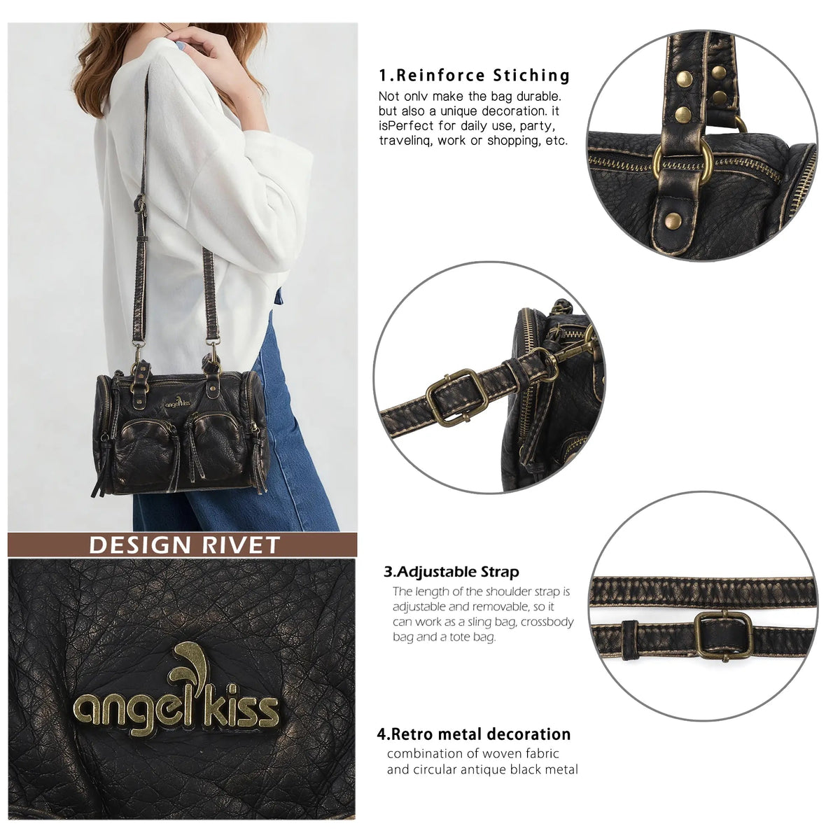 Lightweight Everyday Rivet Top Handle Satchel Crossbody Bag