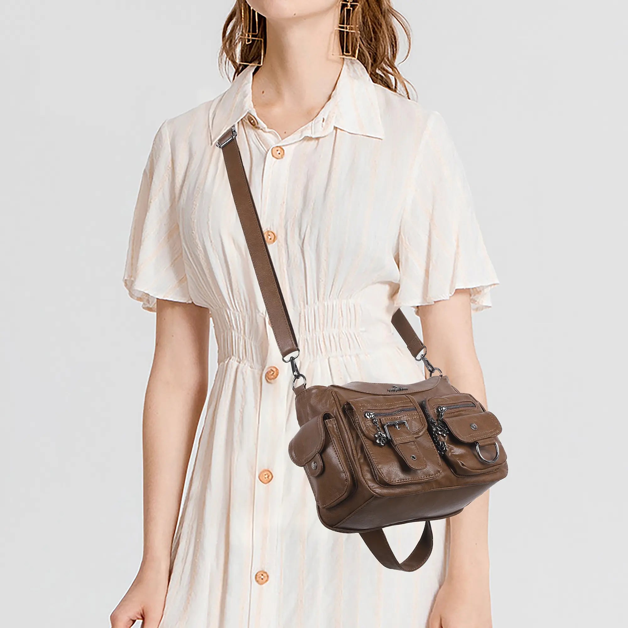 Multi-Pocket Soft PU Shoulder Bag with Crossbody Strap