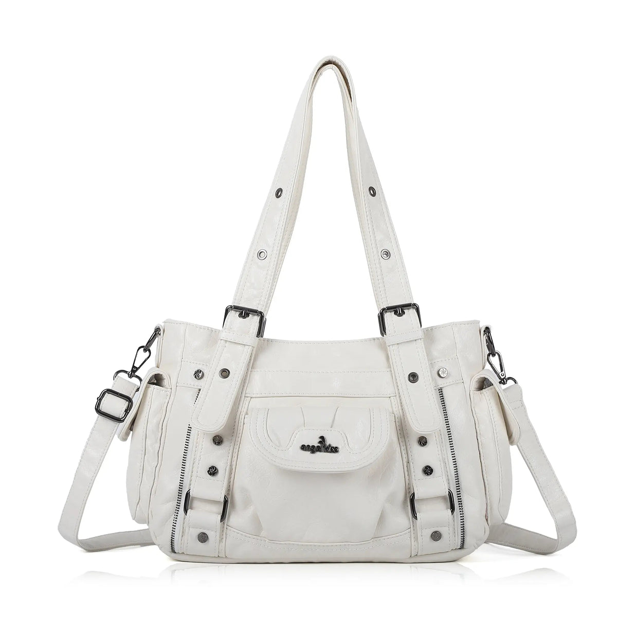 Textured Multi-Pocket Shoulder Bag with Rivet Details