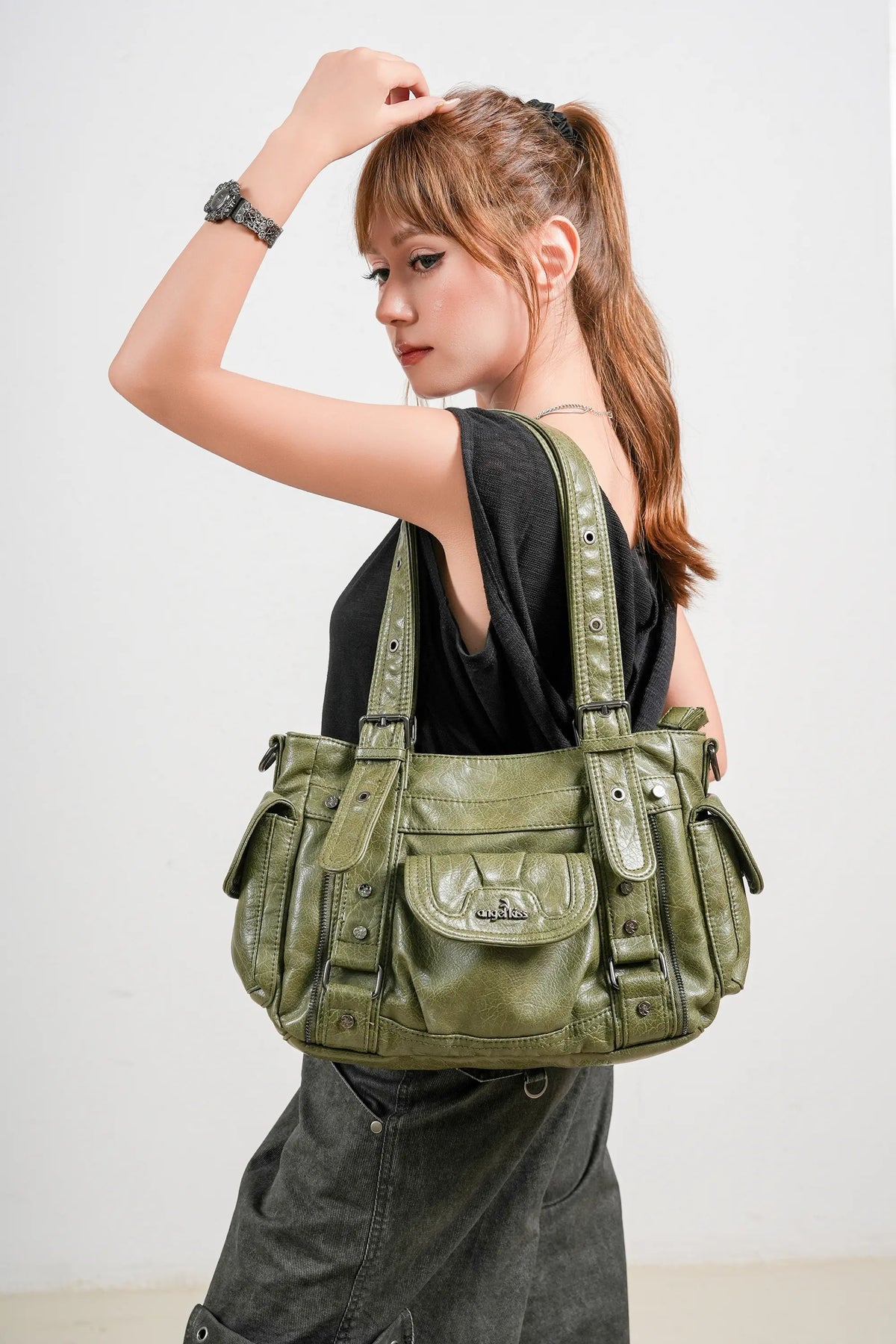 Textured Multi-Pocket Shoulder Bag with Rivet Details