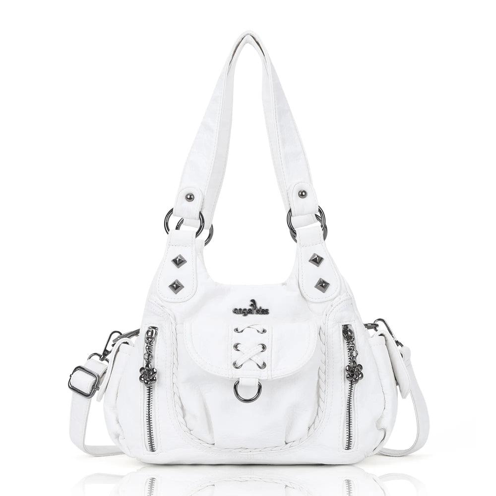 Vegan Leather Shoulder Handbag – Vintage Multi-Pocket Tote Bag