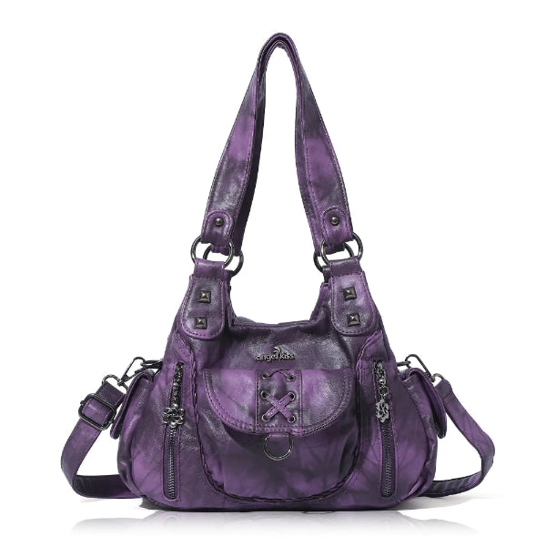 Vegan Leather Shoulder Handbag – Vintage Multi-Pocket Tote Bag