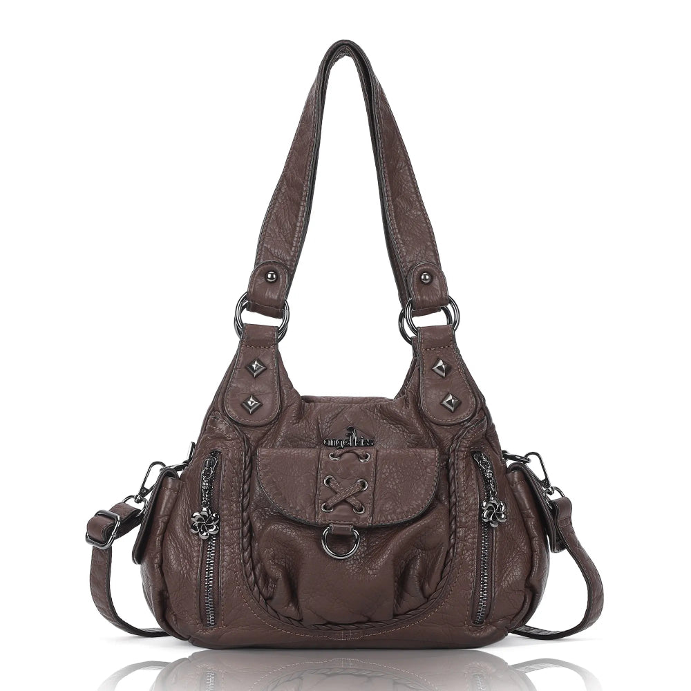 Vegan Leather Shoulder Handbag – Vintage Multi-Pocket Tote Bag